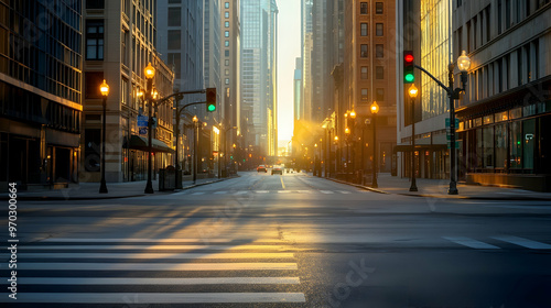 A quiet downtown intersection in the early morning with soft sunlight peeking through buildings, traffic lights glowing brightly above an empty crosswalk, green light signaling go with a hint of fog