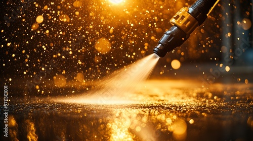 Wallpaper Mural High-pressure washer cleaning a floor, water spraying with force, creating dynamic ripples as it drains away, photorealistic style, high contrast, cool tones, sharp details Torontodigital.ca