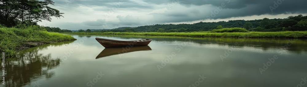 Monsoon Reflection A quiet river reflecting the overcast sky, with a small boat drifting silently as the rain begins to fall Monsoon Reflection A quiet river reflecting the overcast sky, with a small boat drifting silently as the rain begins to fall