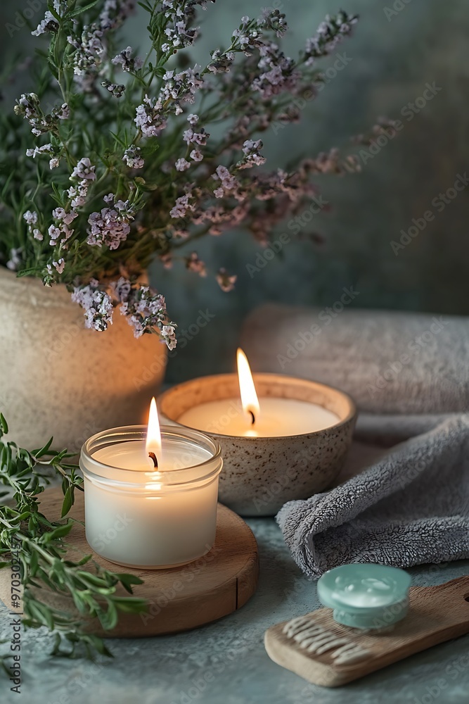 Two burning candles with a vase of lavender in the background. There is a towel behind the candles, and a small green jar in the foreground. Two burning candles with a vase of lavender in the background. There is a towel behind the candles, and a small green jar in the foreground.