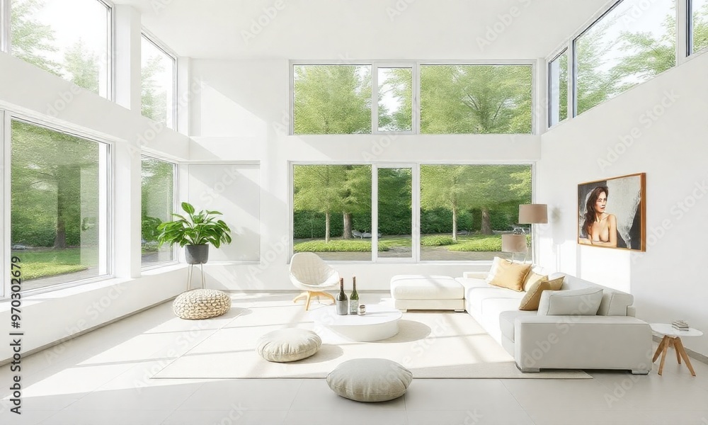 Fototapeta premium a minimalist living room with large windows, white walls, and contemporary furniture including a white sofa and round floor cushions