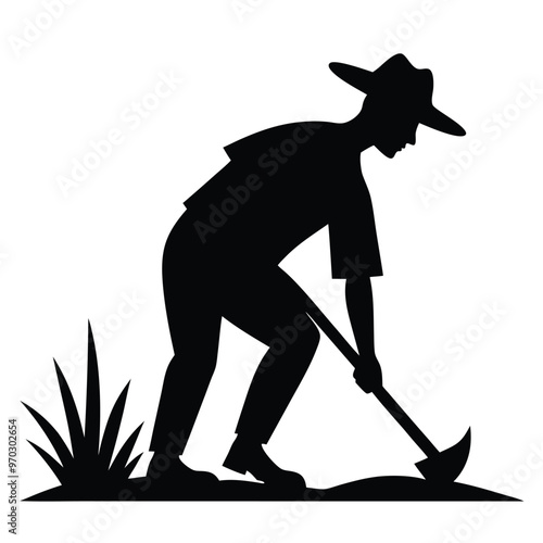 Line Art Farmer Silhouette Vector.