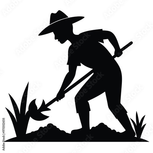 Line Art Farmer Silhouette Vector.