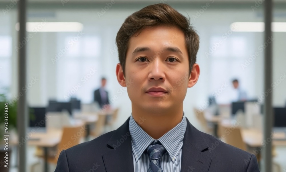 a person dressed in business wear with an anonymized facial feature, set against the backdrop of a blurred office interior. a person dressed in business wear with an anonymized facial feature, set against the backdrop of a blurred office interior.