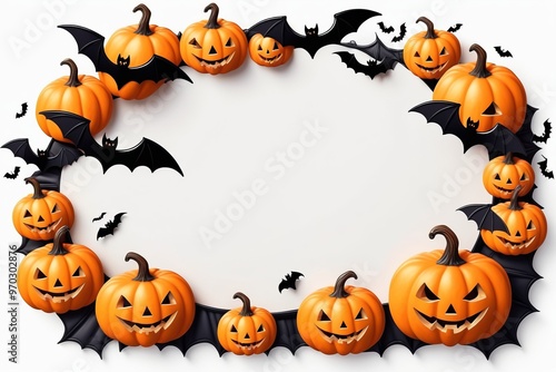 A spooky Halloween pumpkin frame featuring a set of carved pumpkins and bats, in an white background photo