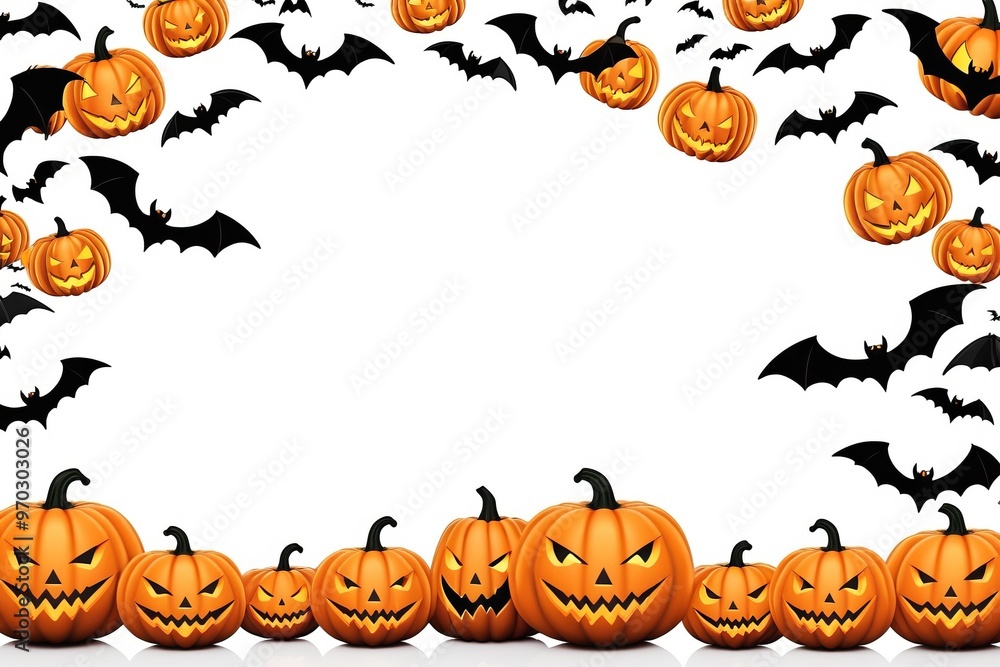 A spooky Halloween pumpkin frame featuring a set of carved pumpkins with scary faces, in an white background A spooky Halloween pumpkin frame featuring a set of carved pumpkins with scary faces, in an white background