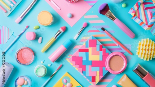 Ultra-clear flat lay of makeup items arranged in a creative pattern, bright and vibrant