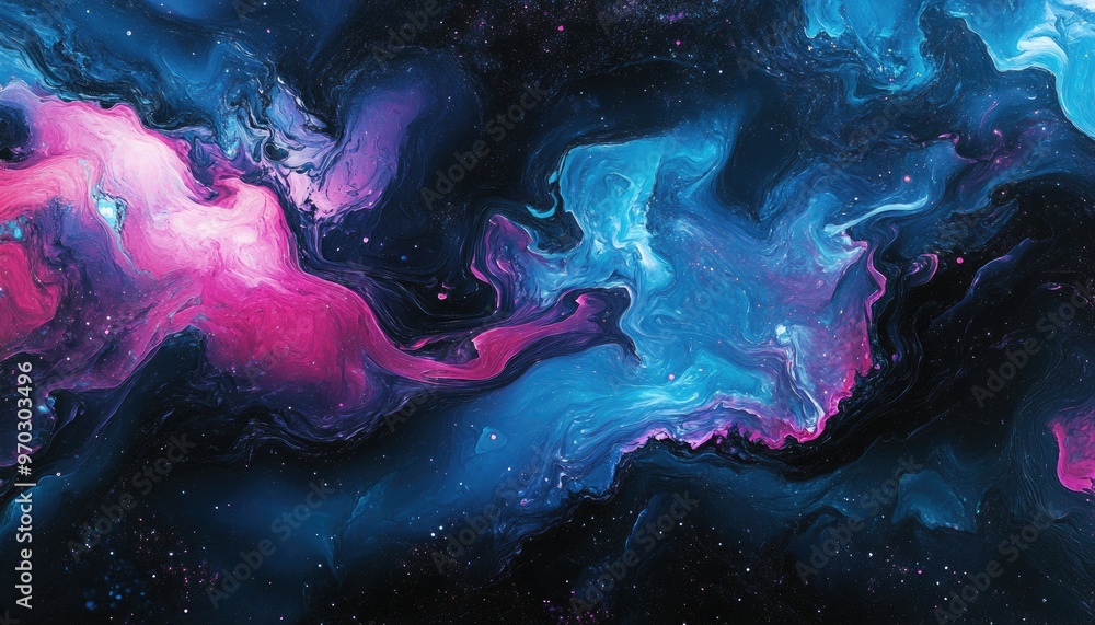 Obraz premium Multicolored abstract galaxy illustration featuring a vibrant blend of blue pink purple and black in a dimensional space theme