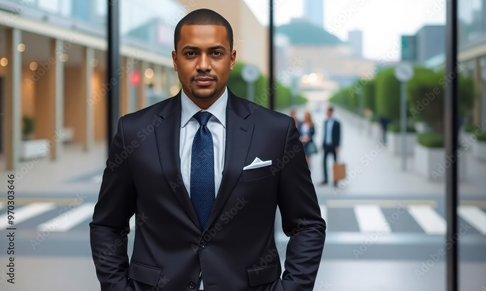 a well-dressed figure in a suit positioned against an out-of-focus urban office backdrop a well-dressed figure in a suit positioned against an out-of-focus urban office backdrop