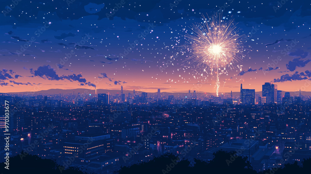 Obraz premium Nighttime Cityscape with Fireworks