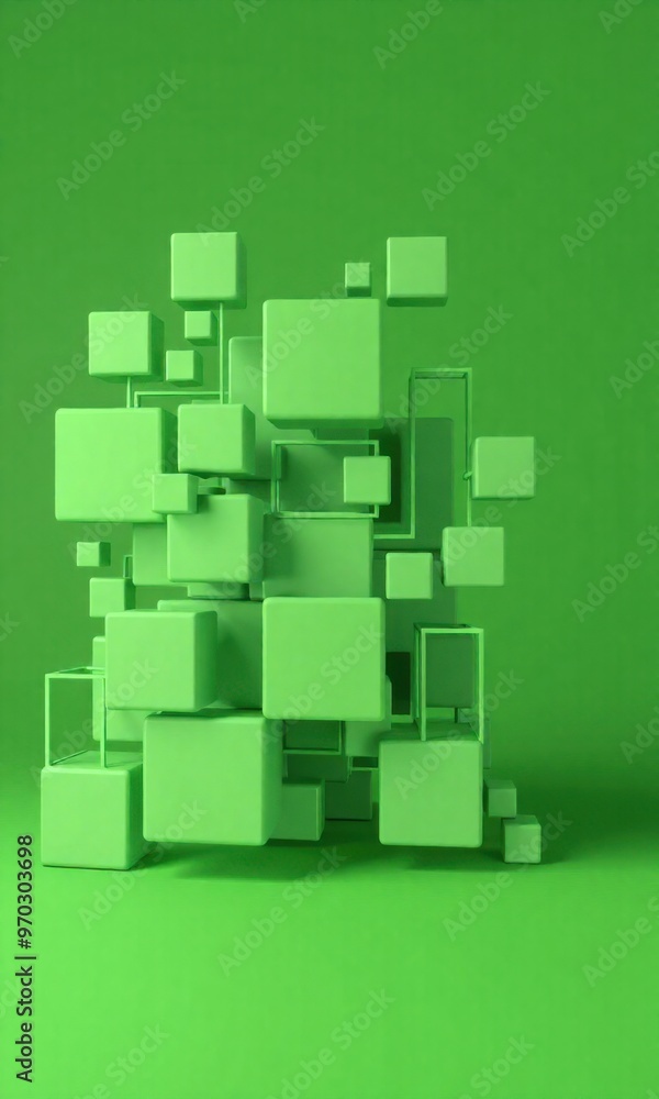 Obraz premium an abstract 3D rendering of various shades of green squares and rectangles emerging from a green background, with a focus on minimalism and depth