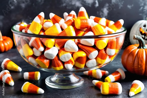 a Halloween candy in a clear glass bowl, isolated white background photo