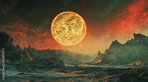 Fantasy science fiction landscape depicting a stunning view from an alien planet featuring a captivating space background and 3D rendered scenery photo