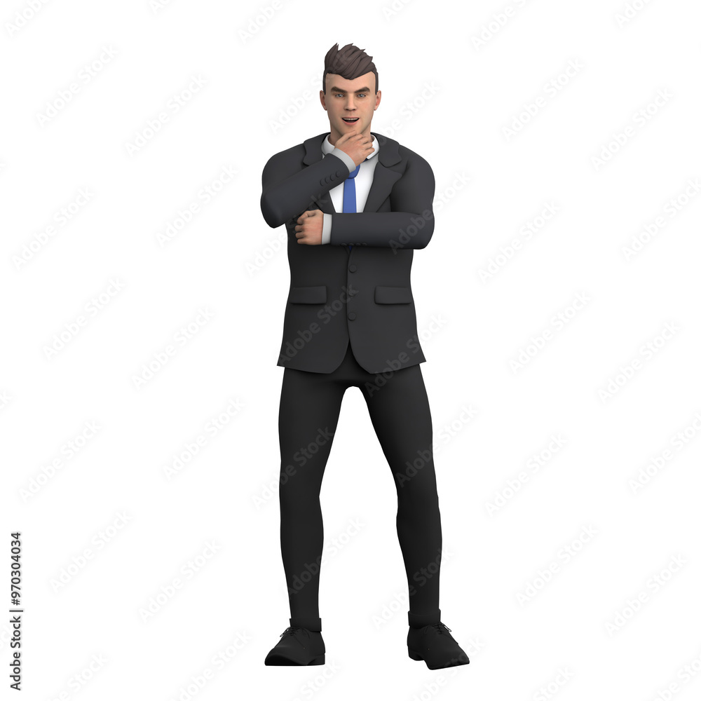 3D Legal Character. A male lawyer stands with his hand holding his chin while the other hand is wrapped around his body, as if he is thinking about a strategy. Male Lawyer Illustration 3D Legal Character. A male lawyer stands with his hand holding his chin while the other hand is wrapped around his body, as if he is thinking about a strategy. Male Lawyer Illustration