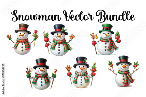 Set of christmas snowmans illustration on white background. Cute Snowmen. Vector illustration of a snowman with a carrot nose, scarf and hat.