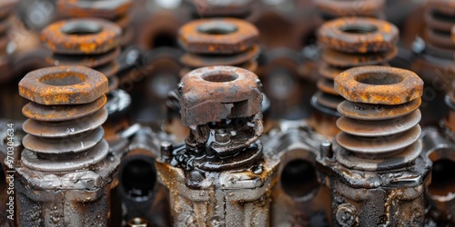 Deformation of inlet and outlet mushroom valves in a piston engine caused by piston impact after timing belt malfunction, along with accumulation of sludge deposits from prolonged use with included photo