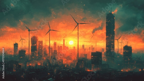 Sci-fi landscape, wind turbines floating over modern city, ethereal atmosphere, watercolor style