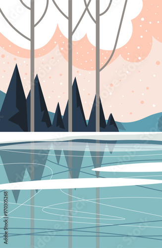 Winter forest with frozen lake