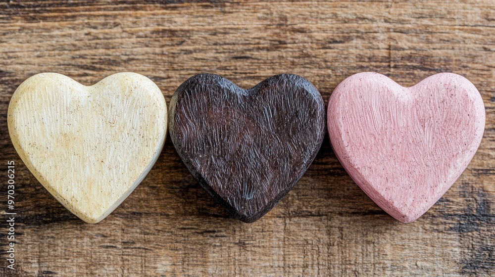 Three Wooden Hearts on Rustic Background Three Wooden Hearts on Rustic Background