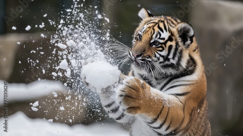 A tiger cub is playing in the snow, throwing snowballs with its paws