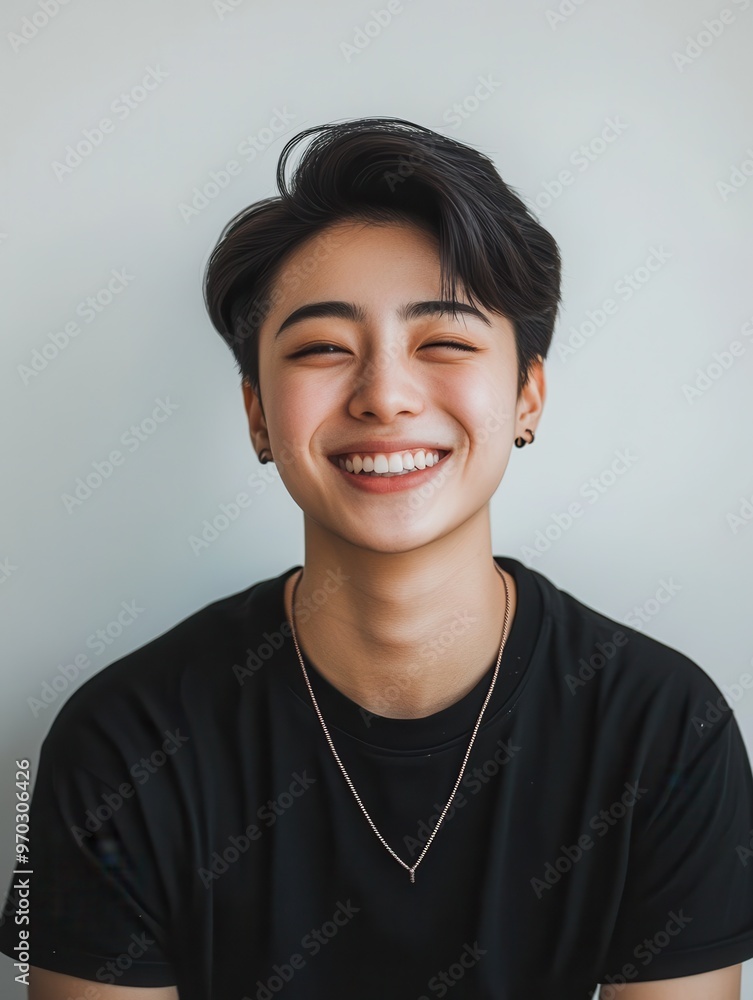 A young man with a black shirt and a gold chain necklace is smiling A young man with a black shirt and a gold chain necklace is smiling