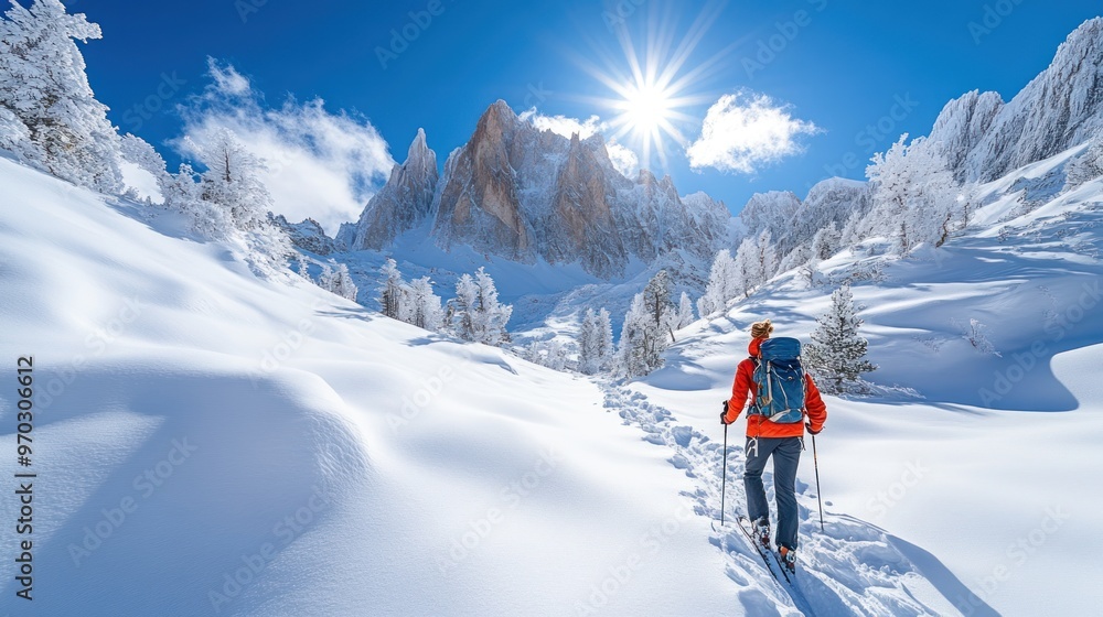 A hiker explores a snowy landscape under a bright sun. A hiker explores a snowy landscape under a bright sun.
