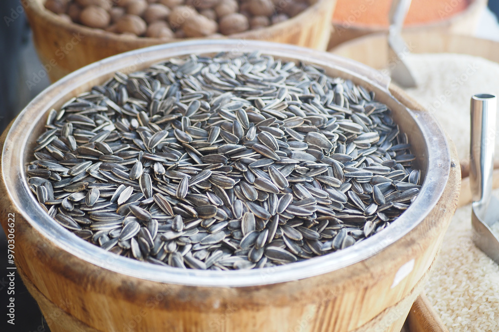 Sunflower seeds at a market stall lure customers seeking natural, organic, and gourmet ingredients