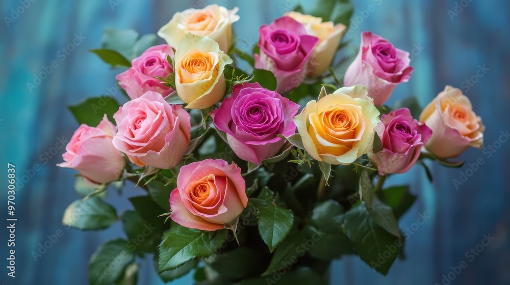A bouquet of colorful roses in a vase on a blue table A bouquet of colorful roses in a vase on a blue table