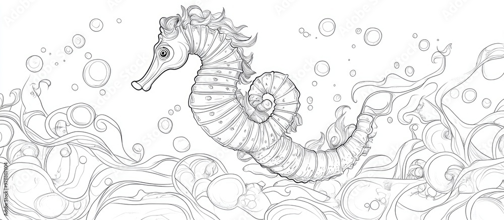 Outline illustration of a seahorse resting underwater amidst a swirl of bubbles Outline illustration of a seahorse resting underwater amidst a swirl of bubbles