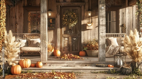 Warm and Inviting Front Porch: Featuring Pumpkins, Pampas Grass, and a Comfortable Seating Area for Autumn Ambiance