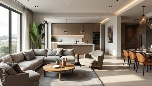 A luxurious living room featuring modern furnishings  a stylish coffee table  and warm accents. Ideal for showcasing contemporary design and creating a sophisticated atmosphere.