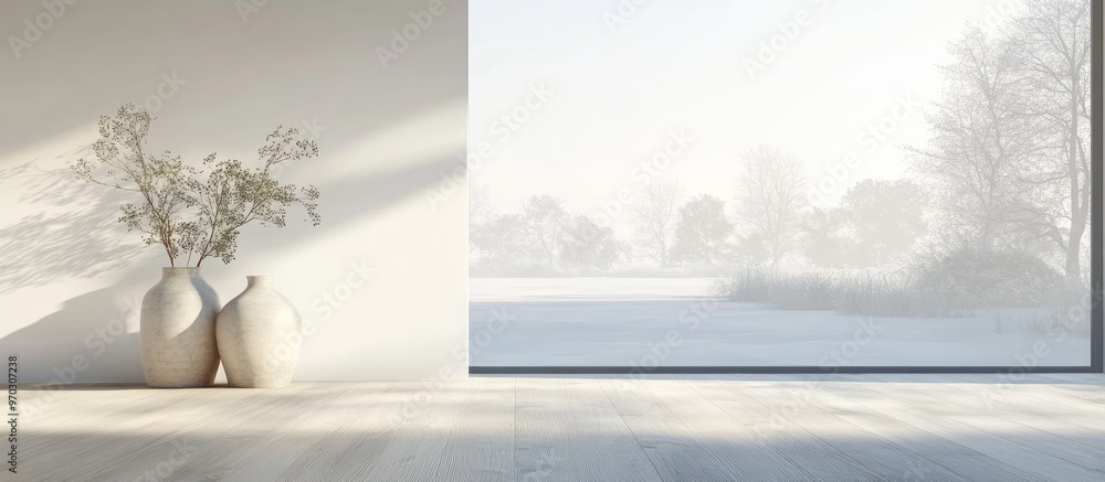 Fototapeta premium Concept of a minimalist Scandinavian interior featuring vases on a wooden floor expansive walls and a view of a serene white landscape through a window 3D illustration
