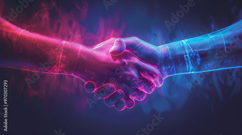 Handshake in digital futuristic style. The concept of partnership