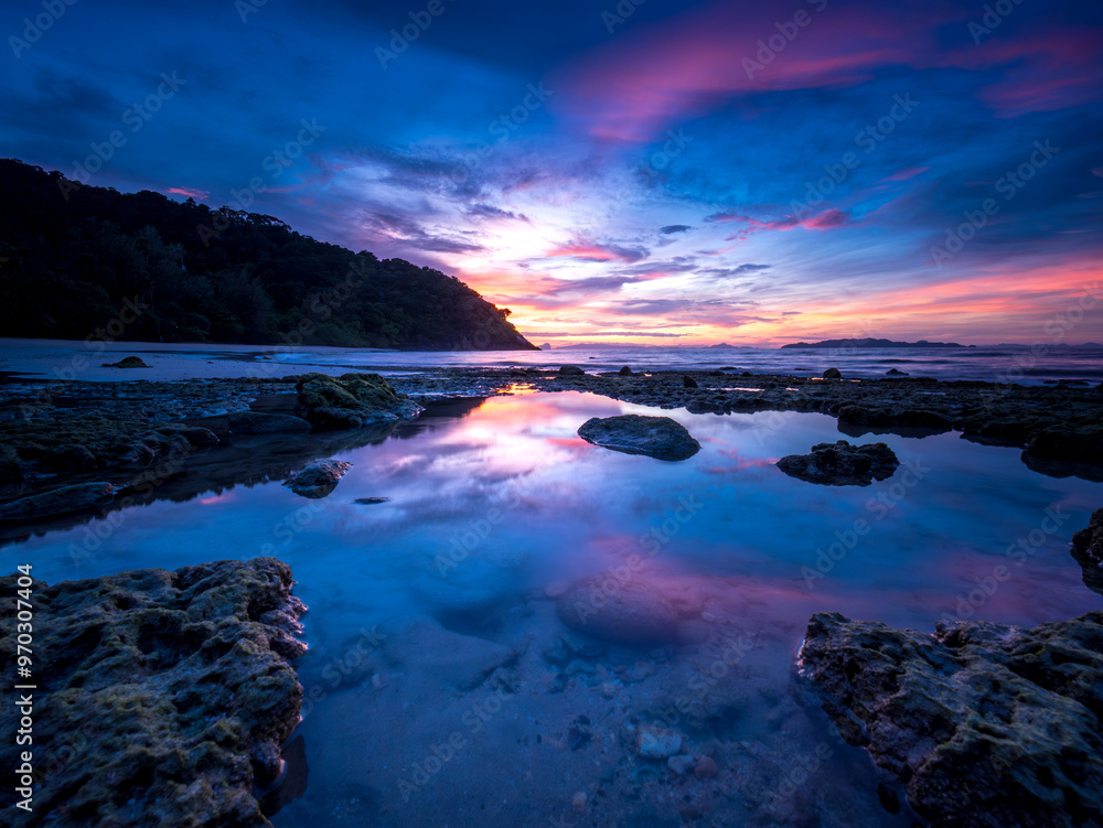 Summer seascape view with clear sea, green forest and blue sky on koh Lanta island in Thailand.