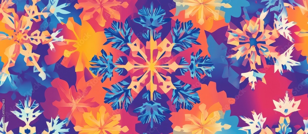 Abstract pattern of snowflakes in a flat design featuring ornamental elements on a vibrant background Raster illustration of decorative snowflake motifs Abstract pattern of snowflakes in a flat design featuring ornamental elements on a vibrant background Raster illustration of decorative snowflake motifs