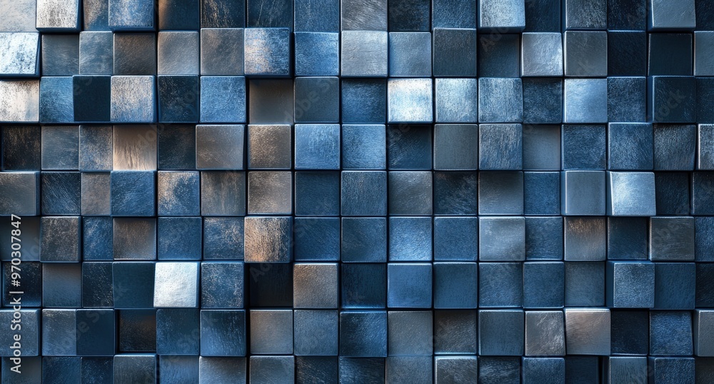 Abstract blue background of 3D cubes with a textured, metallic surface. Abstract blue background of 3D cubes with a textured, metallic surface.