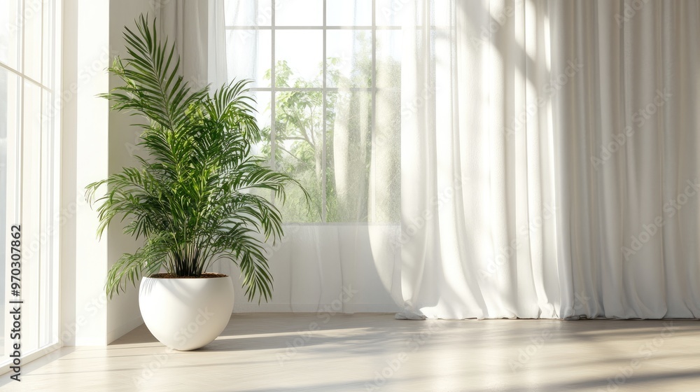 Modern interior featuring curtains and plants in white pots showcasing a minimalist style 3D illustration Modern interior featuring curtains and plants in white pots showcasing a minimalist style 3D illustration