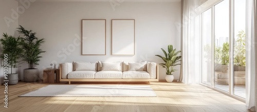 Modern living room design featuring a sofa on wood flooring decorative elements on a spacious wall and a white view through the window Nordic inspired interior 3D visualization