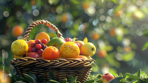 Fototapeta Naklejka Na Ścianę i Meble -  Basket of tropical fruits with jungle backdrop