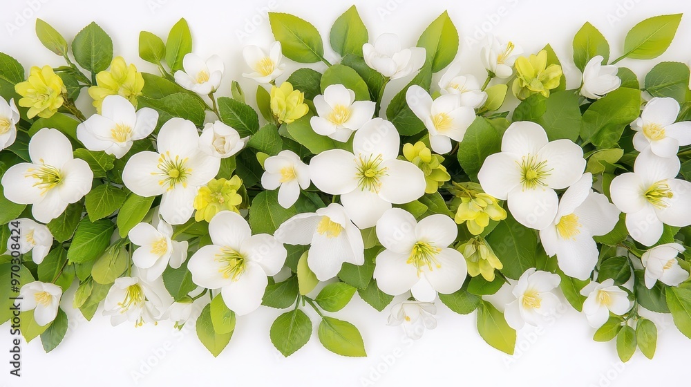 Obraz premium White Flowers and Green Leaves Border on White Background