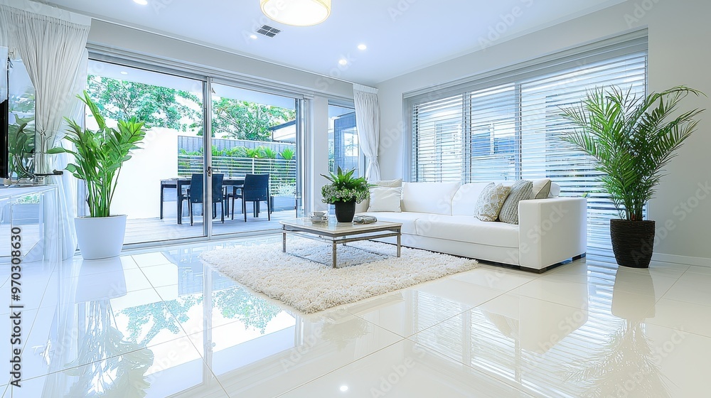 Modern Living Room with White Sofa Large Windows and Plants Modern Living Room with White Sofa Large Windows and Plants