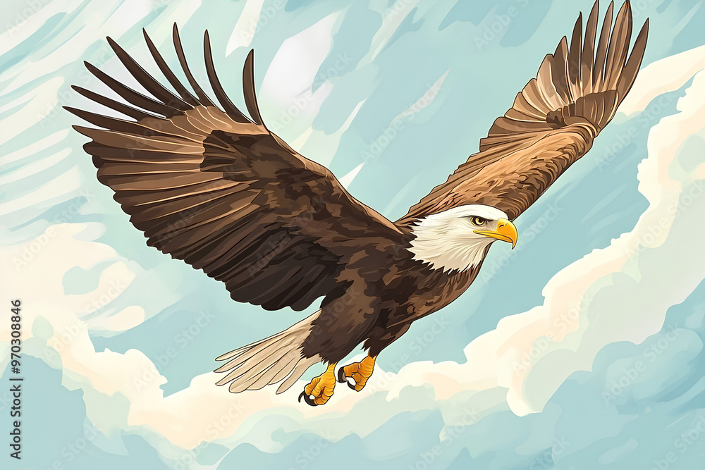 Obraz premium A majestic eagle soaring through a bright sky with clouds.