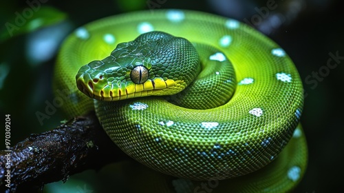 A vibrant green snake resting on a branch amidst foliage.