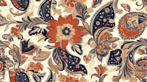 Paisley ornamental seamless pattern with Kalamkari floral design on fabric background