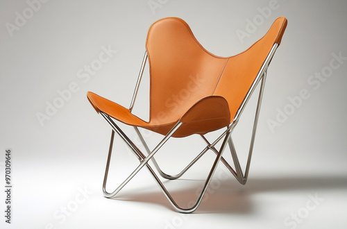 a butterfly chair with a leather sling seat and metal frame photo