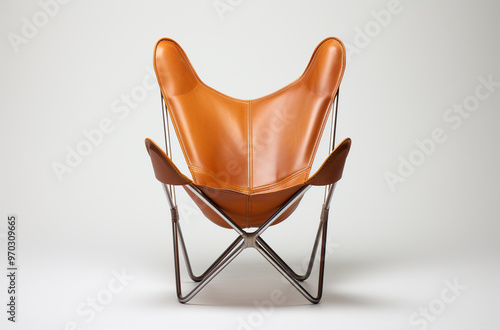 a butterfly chair with a leather sling seat and metal frame photo