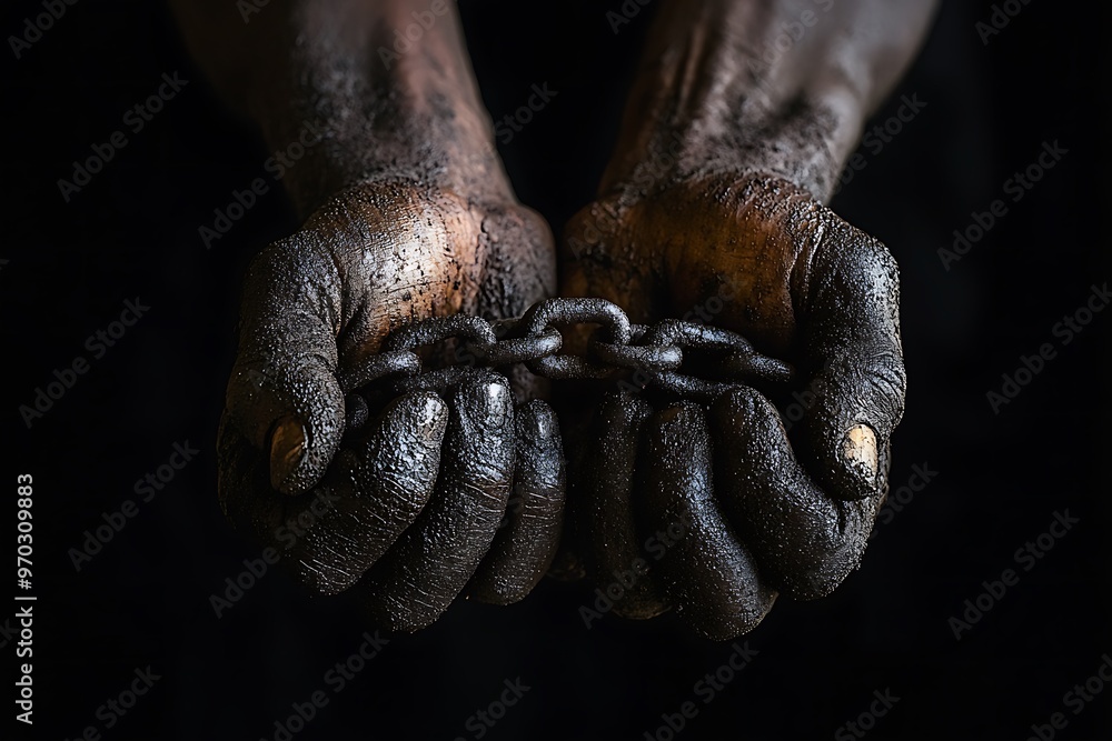 Dirty male hands clenched into fists chained with old rusty thick chain on the wooden boards. Dirty male hands clenched into fists chained with old rusty thick chain on the wooden boards.