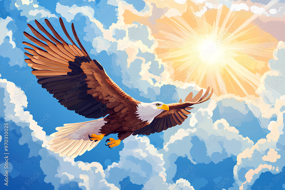 Fototapeta premium A majestic eagle soars through a bright sky filled with clouds and sunlight.