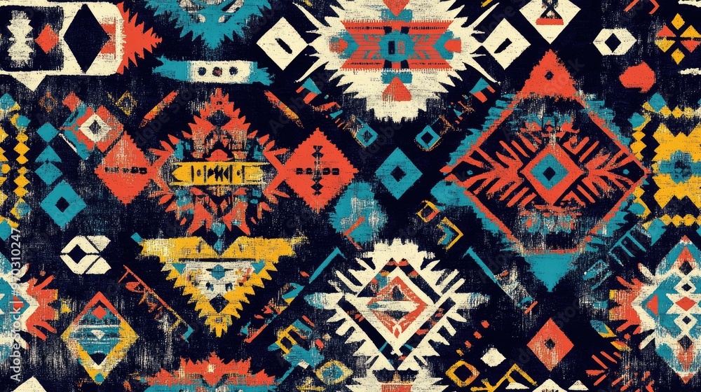 Fototapeta premium Ethnic symbols Tribal wallpaper design Background of ancient embroidery patterns Mosaic motifs Digital textile print surface texture web design artwork pattern backdrop Seamless abstract design