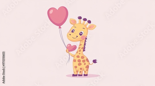 Adorable giraffe at a birthday party holding a heart-shaped balloon, captured in a cute cartoon vector style. The illustration showcases a festive and playful animal-themed holiday celebration